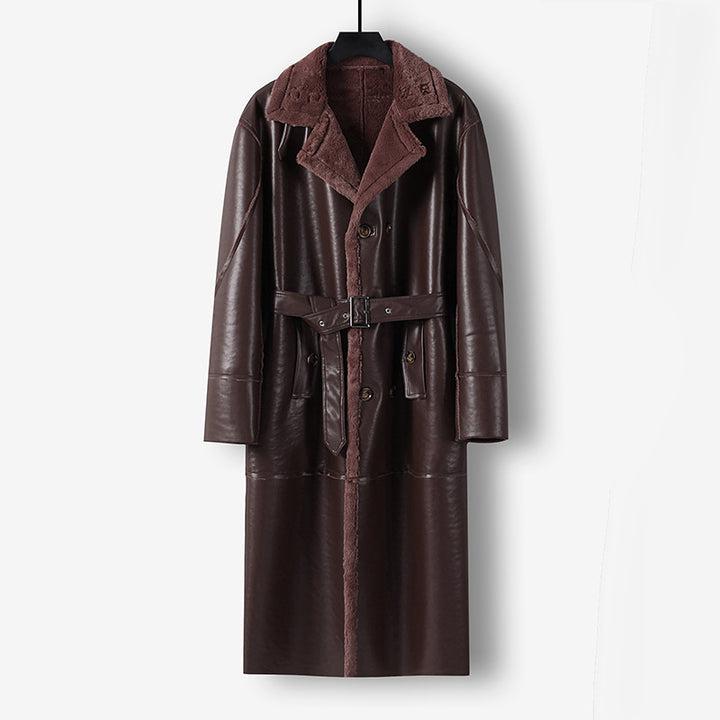 Men's Maxi Long Faux Leather Coat with Teddy Lining and Waist Belt Mune Fashion