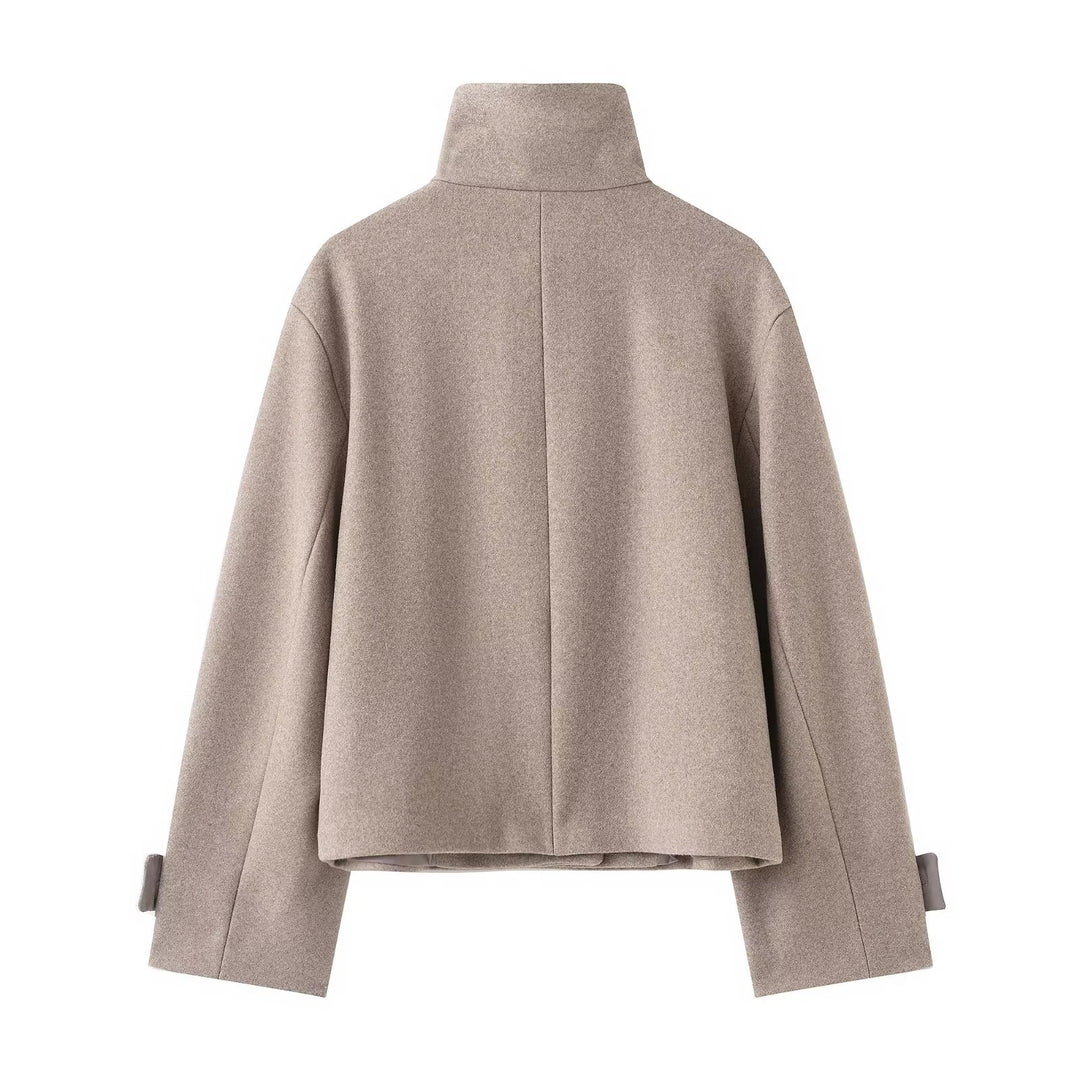 Women's Cropped Wool Blend Short Jacket with High Stand Collar, Asymmetric Button Placket and Cuffed Sleeves Mune Fashion