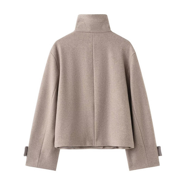 Women's Cropped Wool Blend Short Jacket with High Stand Collar, Asymmetric Button Placket and Cuffed Sleeves Mune Fashion