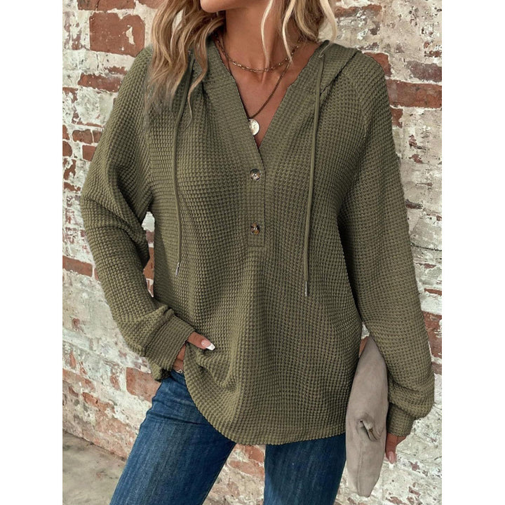 Women Waffle Knit Hoodie with Henley Button Placket and Oversized Cut Mune Fashion