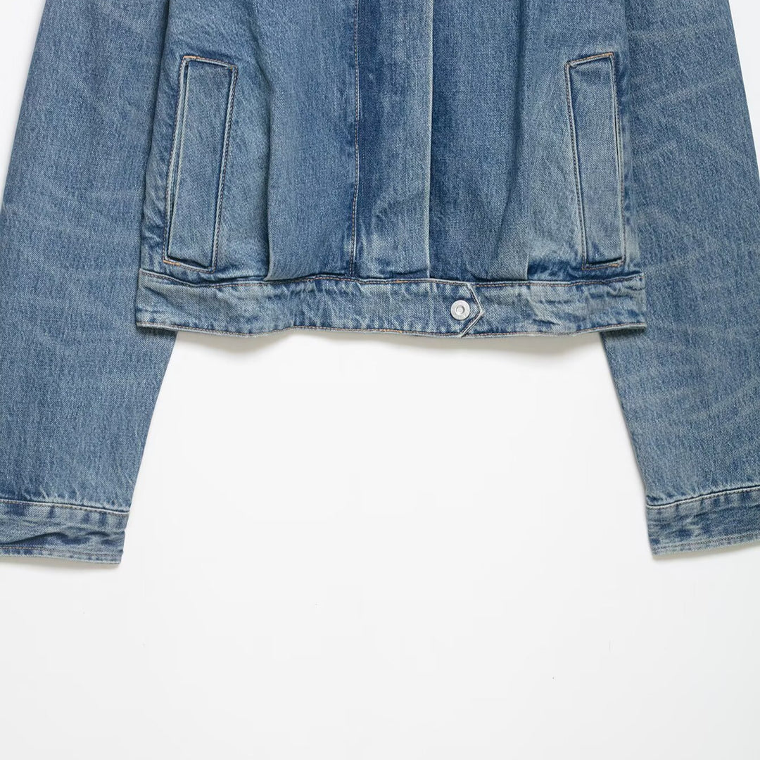 Ladies Cropped Denim Jacket with Epaulettes, Concealed Button Placket and Waist Belt Mune Fashion
