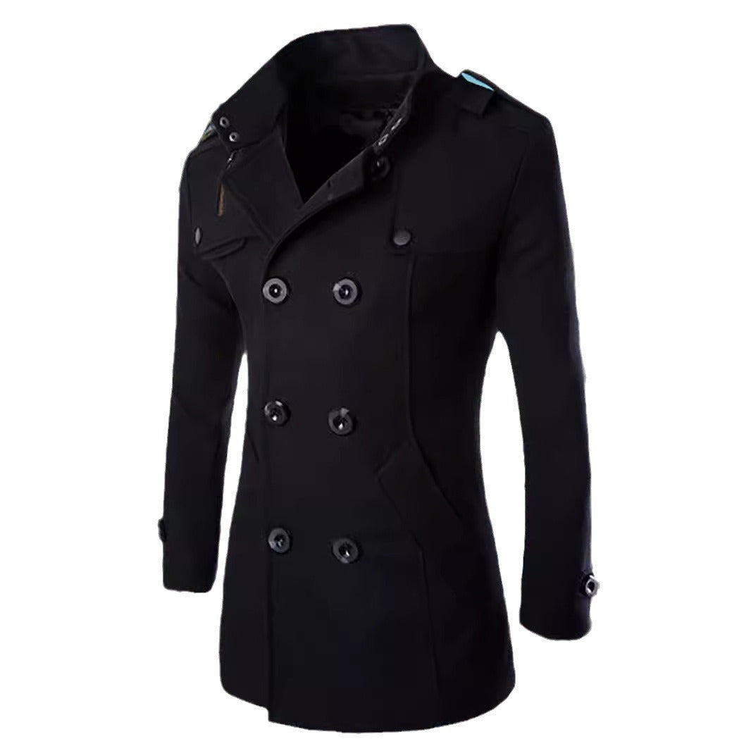 Men's Double-Breasted Peacoat with Stand Collar, Shoulder Straps, and Tailored Silhouette Mune Fashion
