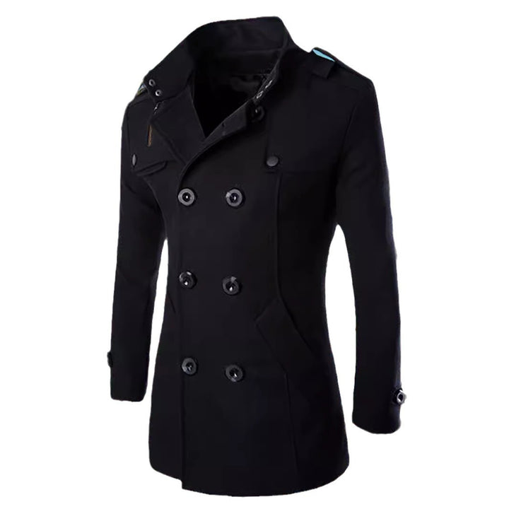 Men's Double-Breasted Peacoat with Stand Collar, Shoulder Straps, and Tailored Silhouette Mune Fashion