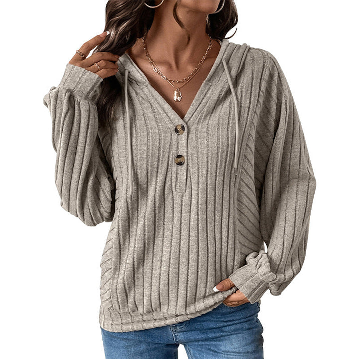 Women's Ribbed Hoodie with Henley Button Placket and Slightly Cropped Fit Mune Fashion
