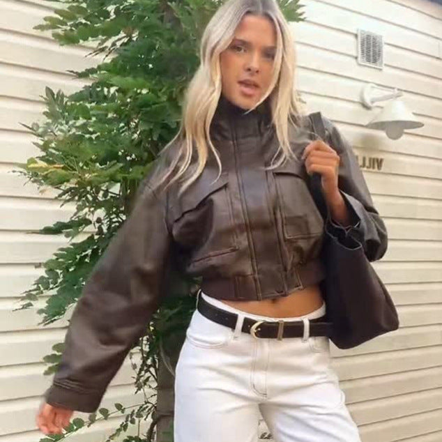 Women's Short Utility Bomber Jacket made of Vegan Leather with High Stand-Up Collar Mune Fashion