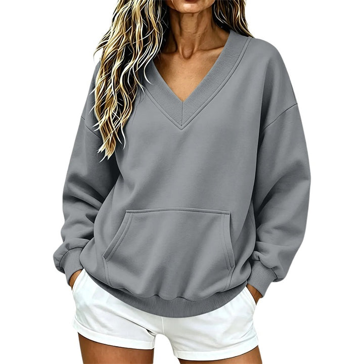 Women Oversize V-Neck Sweatshirt with Kangaroo Pocket and Ribbed Hem Mune Fashion