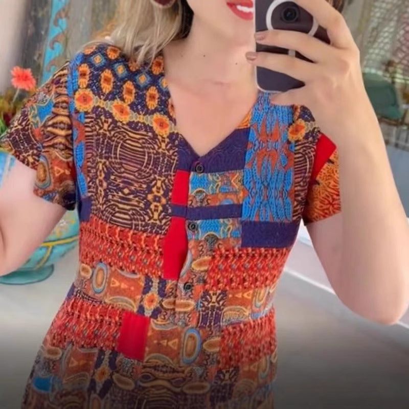 Women’s layered midi dress with V-neck, short sleeves, and patchwork look Mune Fashion