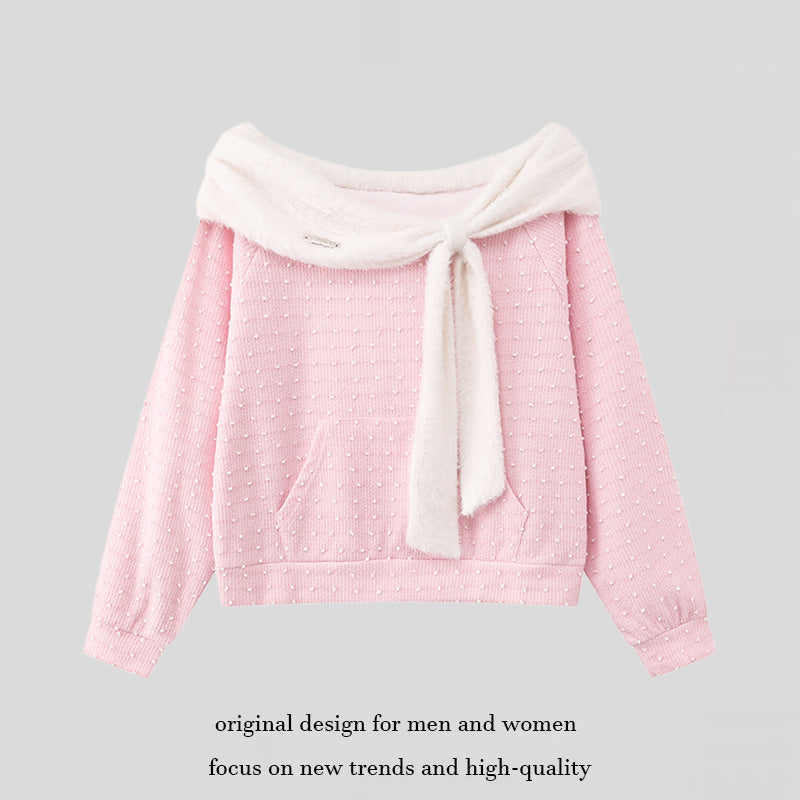 Women's Cozy Knitted Sweater with Large Faux Fur Shawl Collar and Kangaroo Pocket Mune Fashion