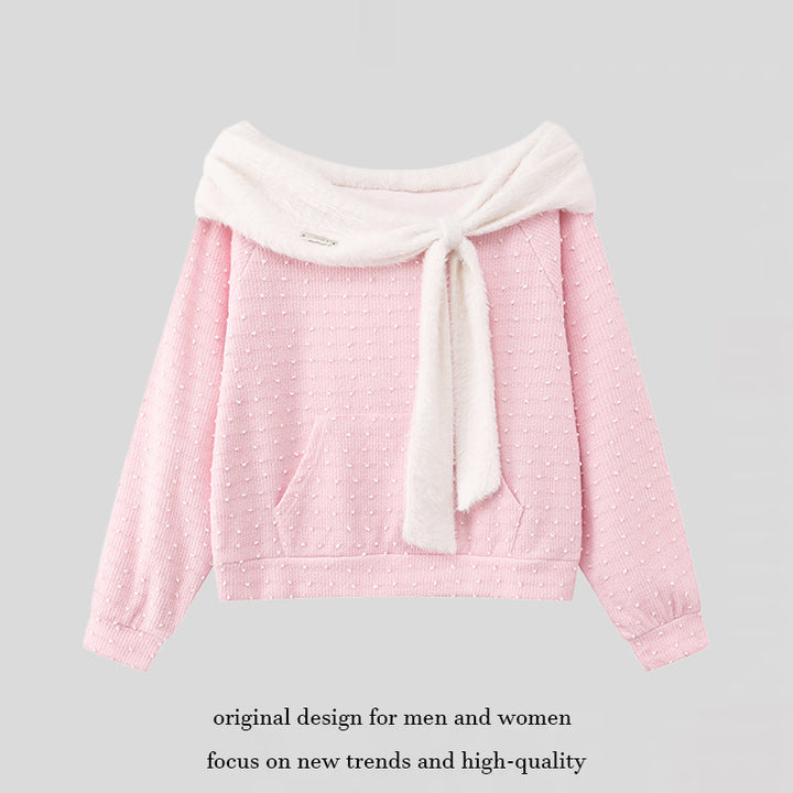 Women's Cozy Knitted Sweater with Large Faux Fur Shawl Collar and Kangaroo Pocket Mune Fashion