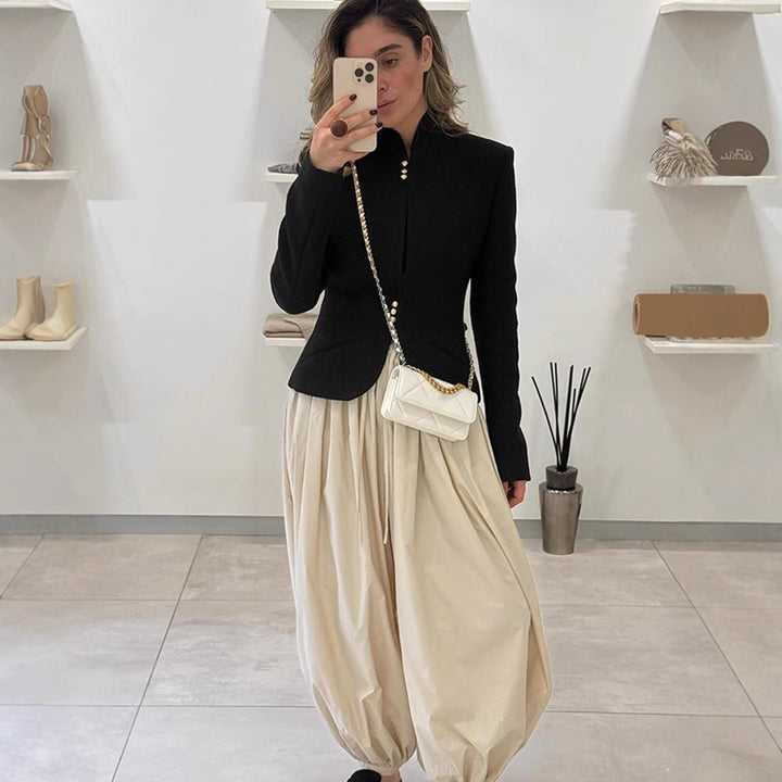 Women's Tailored Structured Blazer with Stand Collar & Decorative Button Placket Mune Fashion