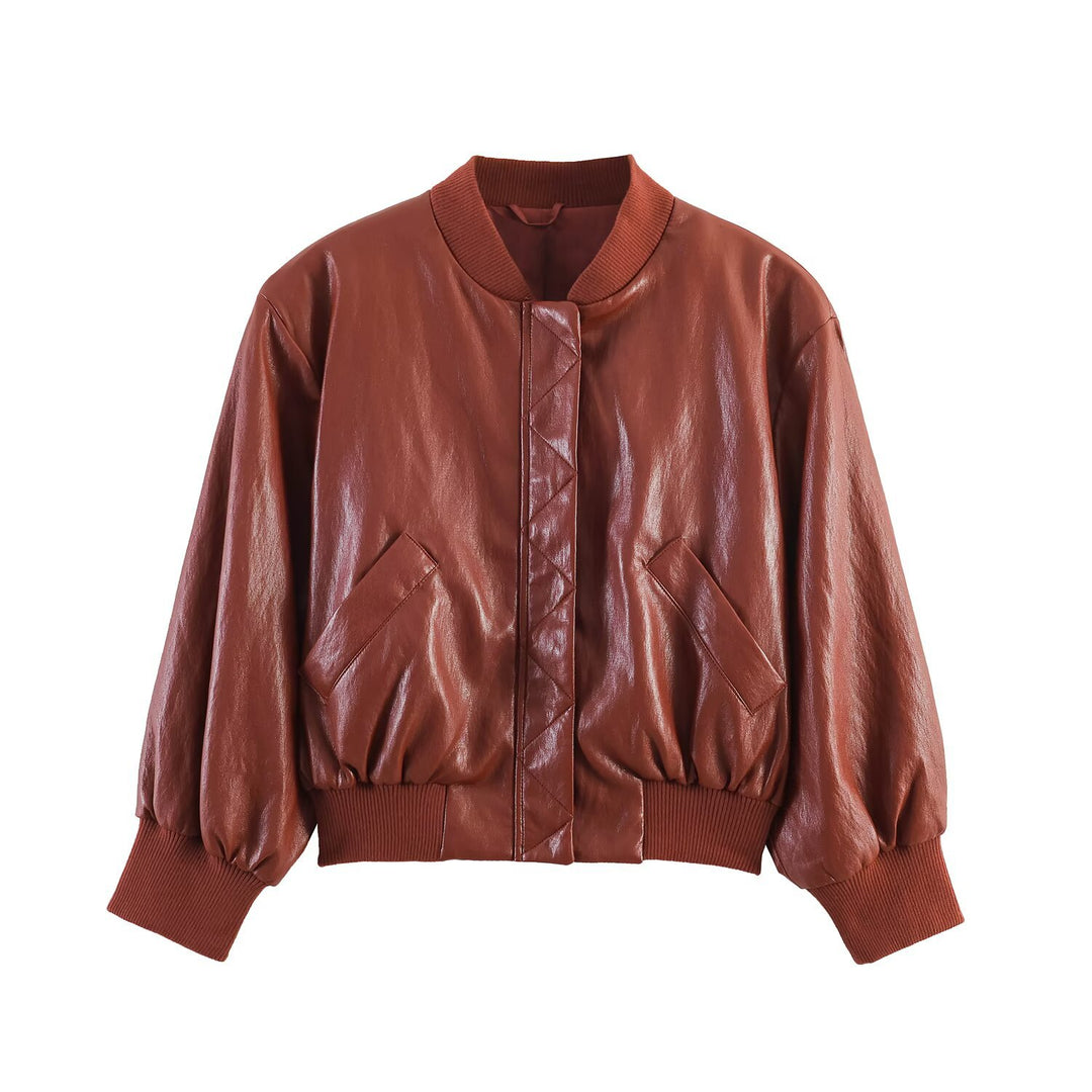 Women's Shiny Faux Leather Bomber Jacket with Ribbed Collar, Concealed Snap Button Placket and Kangaroo Pockets Mune Fashion