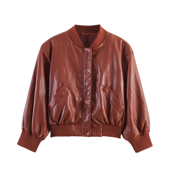 Women's Shiny Faux Leather Bomber Jacket with Ribbed Collar, Concealed Snap Button Placket and Kangaroo Pockets Mune Fashion