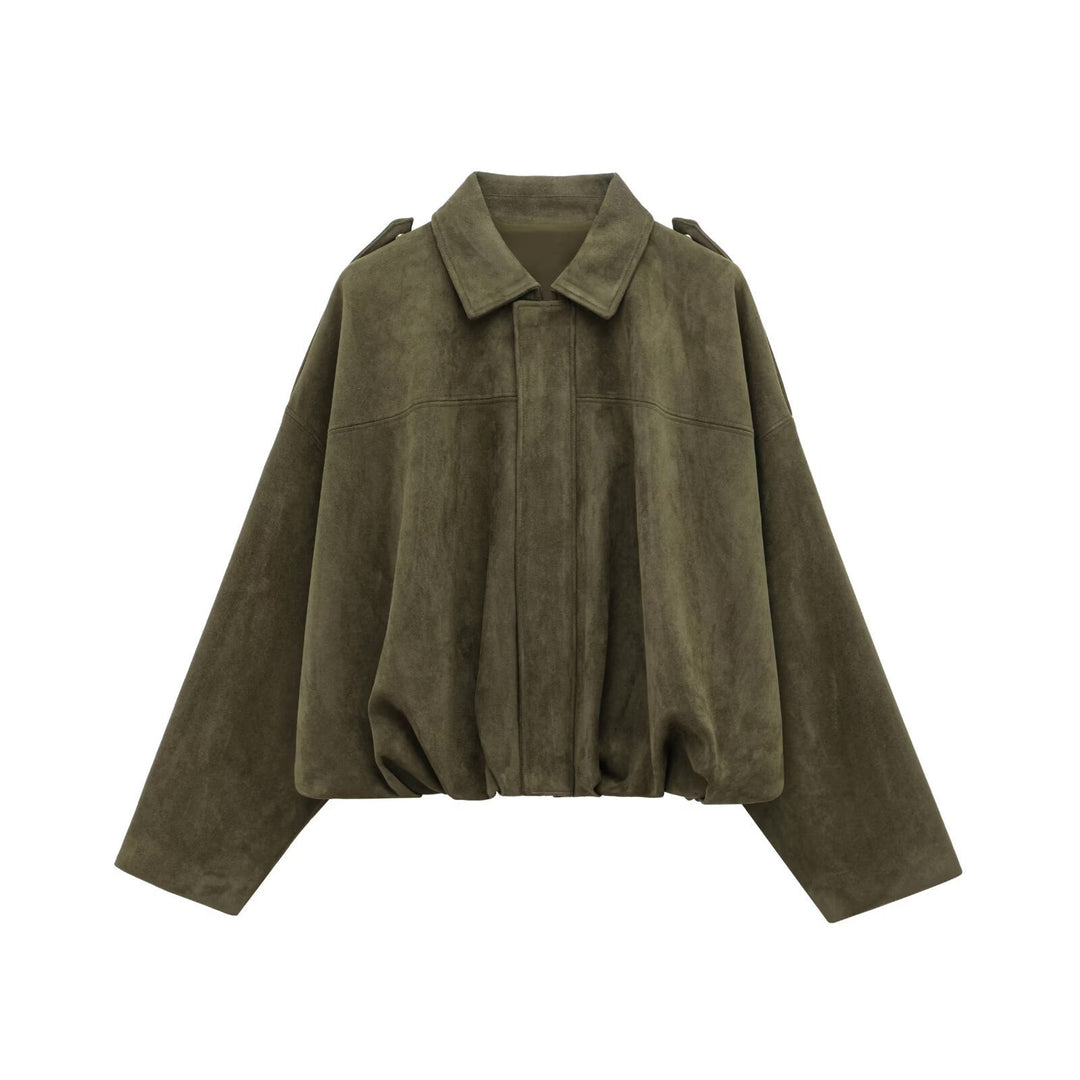 Women slightly oversized short jacket in suede look with lapel collar, shoulder flaps and elastic hem Mune Fashion