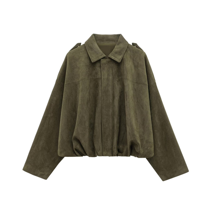 Women slightly oversized short jacket in suede look with lapel collar, shoulder flaps and elastic hem Mune Fashion