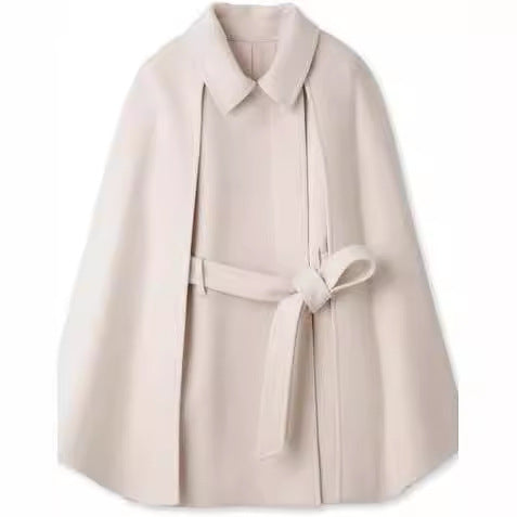 Women’s short cape coat in blazer style with belt and shirt collar Mune Fashion