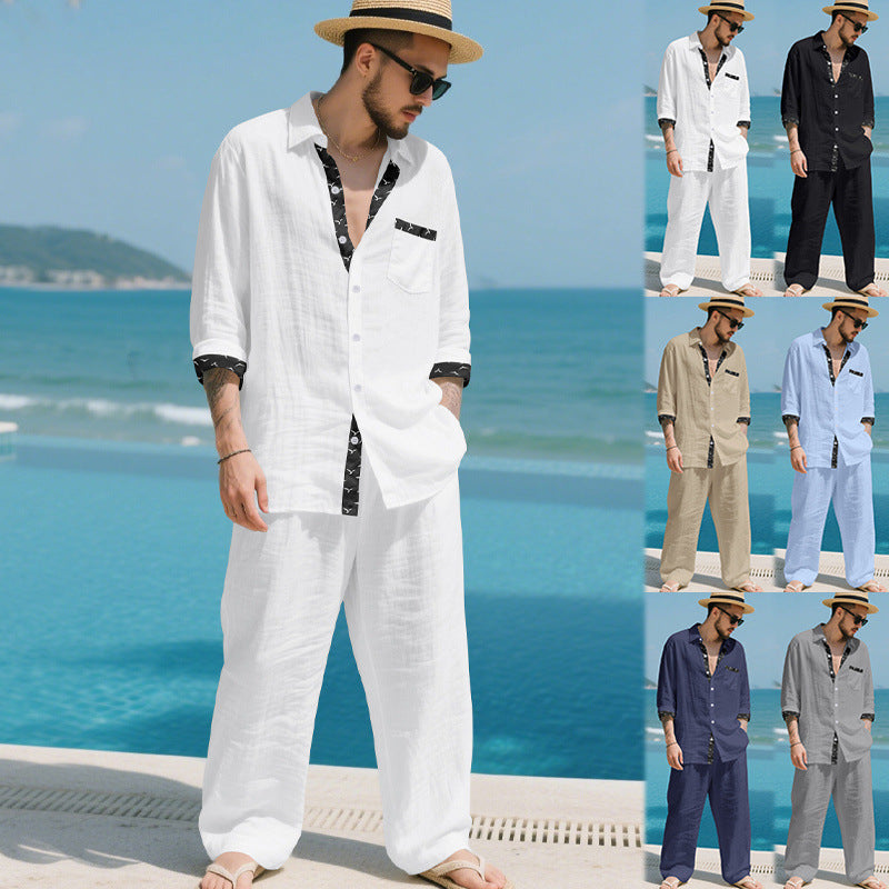 Men's Linen Look Loungewear Set with Drawstring Pants and Open Shirt Jacket Mune Fashion