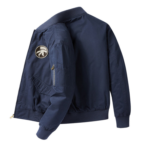 Men's  short-length flight bomber jacket with embroidered shoulder patch sleeve zip pocket and ribbed collar cuffs hem Mune Fashion
