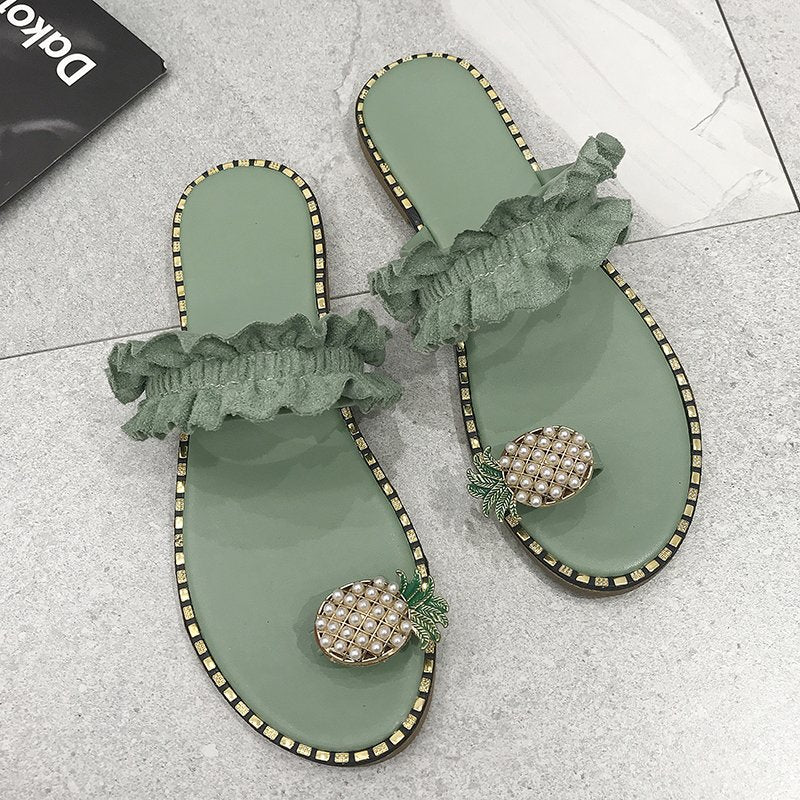 Women’s ruffle slippers with pearl pineapple appliqué and decorative trim Mune Fashion
