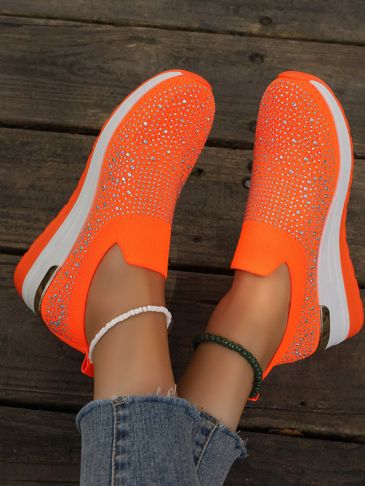 Women's knit slip-on sneakers with sparkling rhinestone trim, elastic entry, and cushioned platform sole Mune Fashion