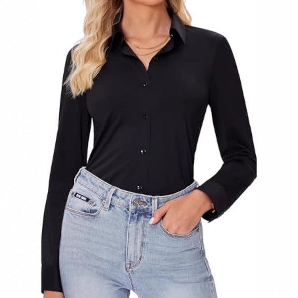 Women's Classic Viscose-Stretch Shirt Blouse with Kent Collar and Cuffs Drune