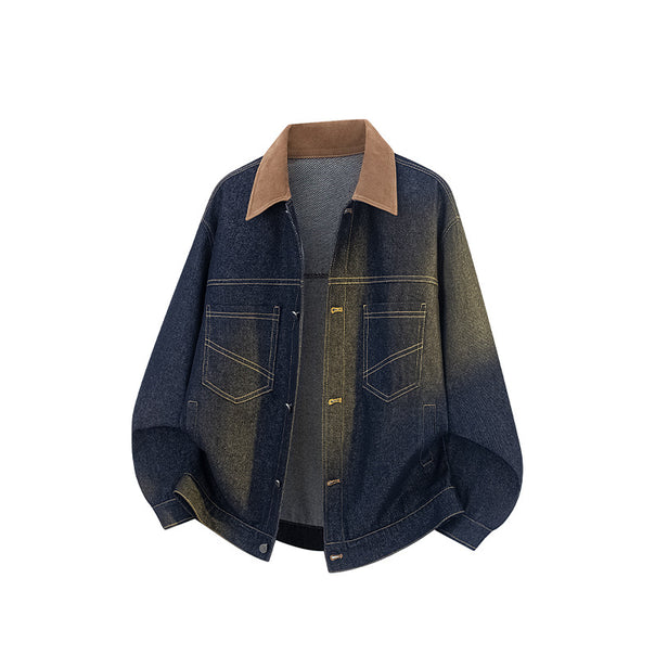 Men's Oversized Denim Jacket with Corduroy Collar, Vintage Fade & Applied Chest Pockets Mune Fashion