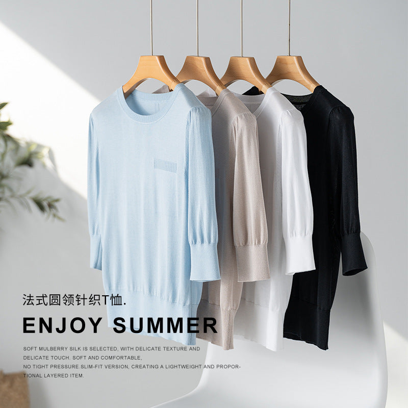 Women's fine knit top with 3/4 balloon sleeves, ribbed hem and chest piping Mune Fashion
