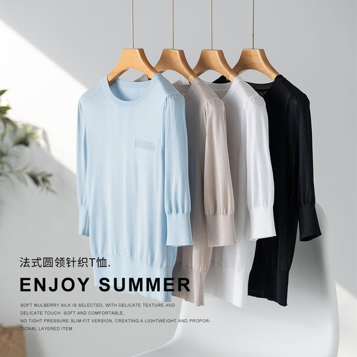 Women's fine knit top with 3/4 balloon sleeves, ribbed hem and chest piping Mune Fashion