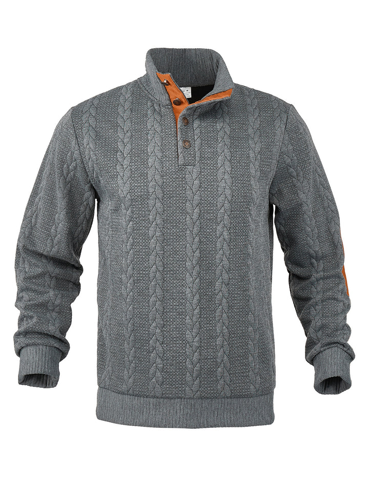 Men's Cable Knit Half Button Sweater with High Stand Collar and Suede Elbow Patches Mune Fashion