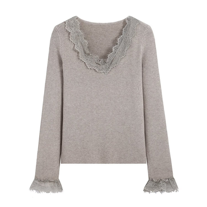 Women Two-Piece Ribbed Knit Set with Lace Trim Mune Fashion