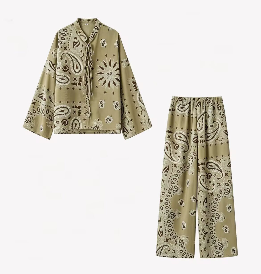 Women's Two-Piece Satin Look Lounge Set with Paisley Print, Kimono Collar Blouse and Wide Culotte Pants Mune Fashion