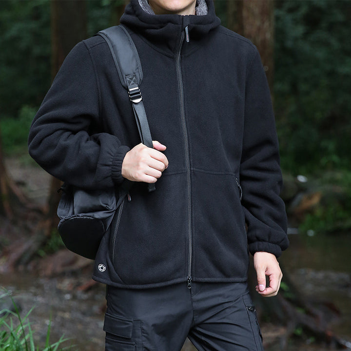 Men's fleece hooded jacket for outdoor with thermal lining, windproof surface and zip pockets Mune Fashion