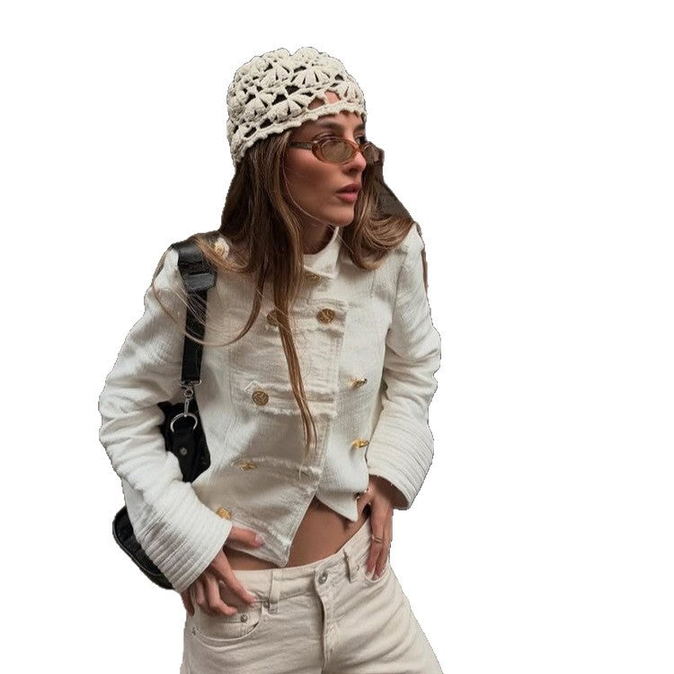 Women's Short Cut Boucle Blazer with Double-Breasted Gold Button Placket Mune Fashion