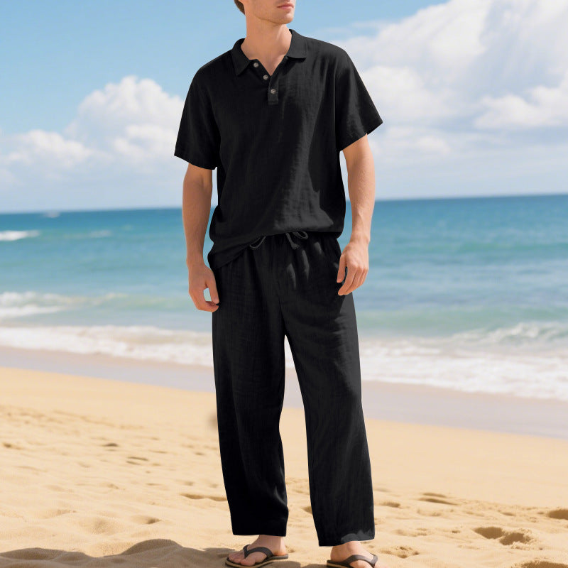Men's airy linen ensemble with polo collar and adjustable waistband pants Mune Fashion