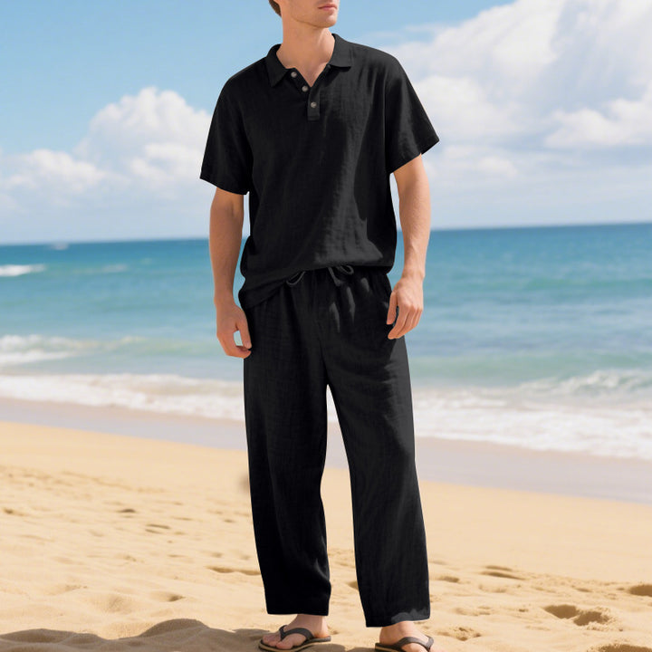 Men's airy linen ensemble with polo collar and adjustable waistband pants Mune Fashion