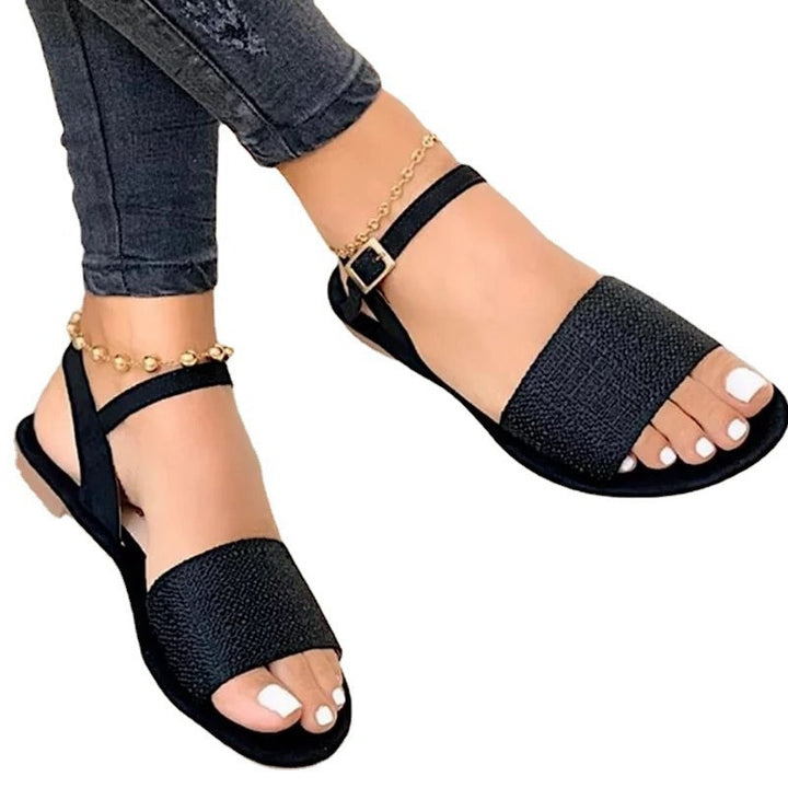 Women's flat sandal with wide rhinestone strap and adjustable ankle strap Mune Fashion