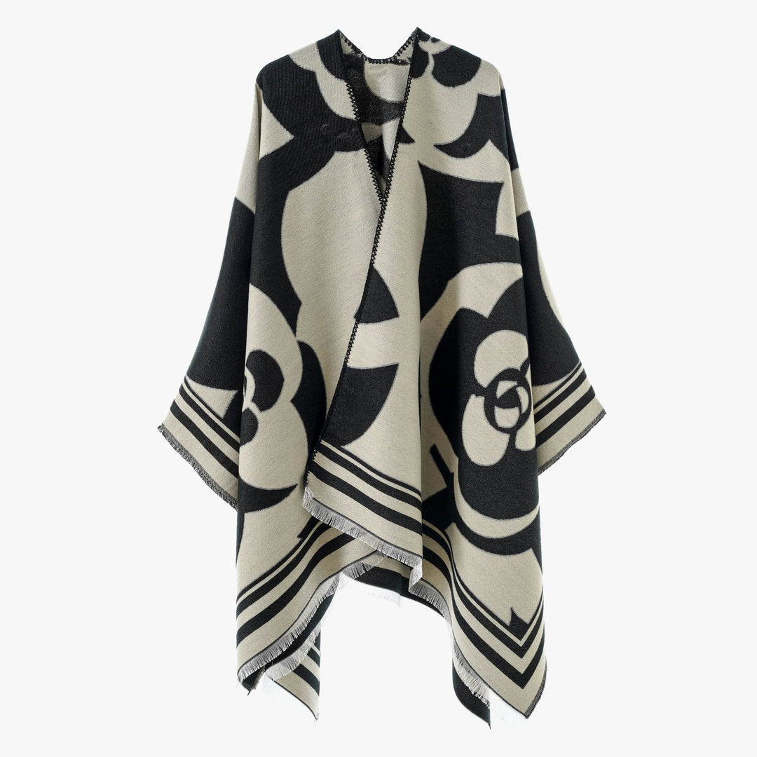 Women's coarse woven jacquard wrap with large ornamental pattern and decorative fringes Mune Fashion