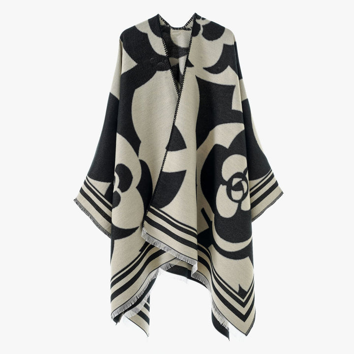 Women's coarse woven jacquard wrap with large ornamental pattern and decorative fringes Mune Fashion