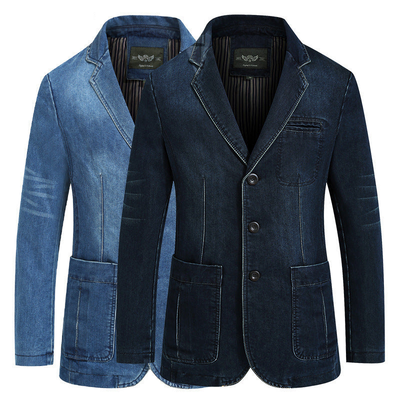 Men's denim blazer-style jacket with stretch, patch pockets, and lightweight lining.