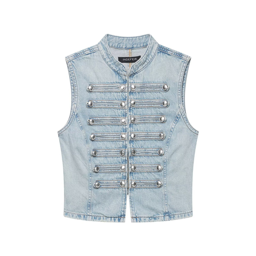 Women's jeans vest in military look with stand-up collar and decorative press stud placket Mune Fashion