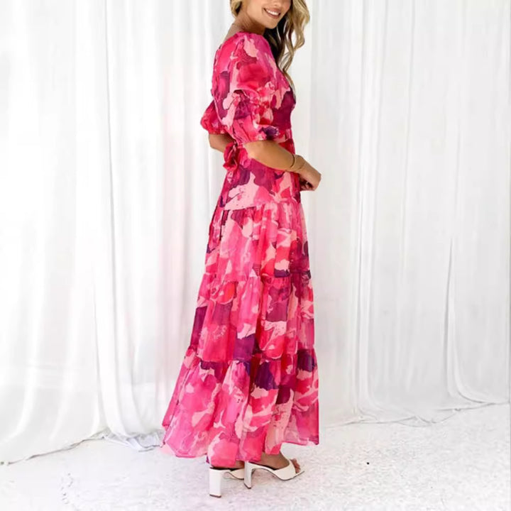 Ladies multi-layered maxi dress in ruffle tiered look with V-neck and gathered empire waist Mune Fashion