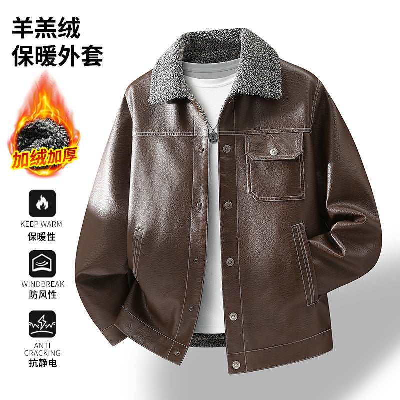 Men's Casual Faux Leather Jacket with Teddy Collar Mune Fashion