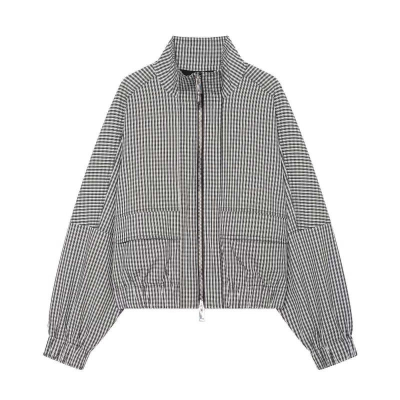 Women Cropped Boxy Jacket in Vichy Check with Stand Collar and Two-Way Zipper Mune Fashion