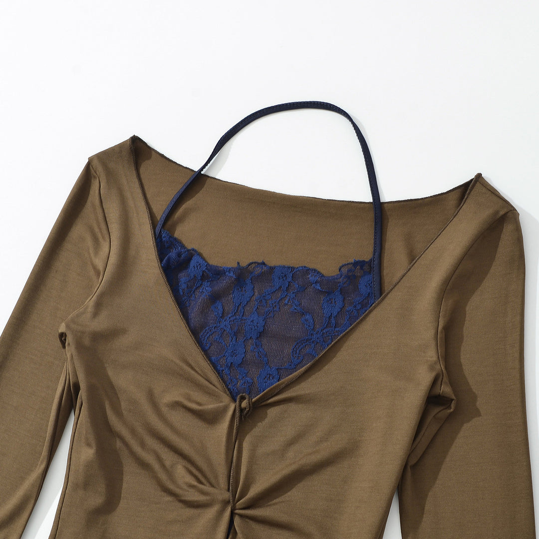 Women's Figure-Hugging Long Sleeve Top with Lace Insert and Knot Closure Mune Fashion