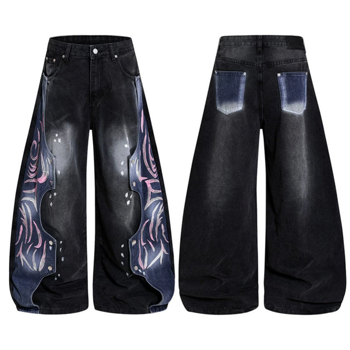 Women's High-Waist wide Balloon-Denim-Culotte with contrast-side Artwork-Panels Mune Fashion
