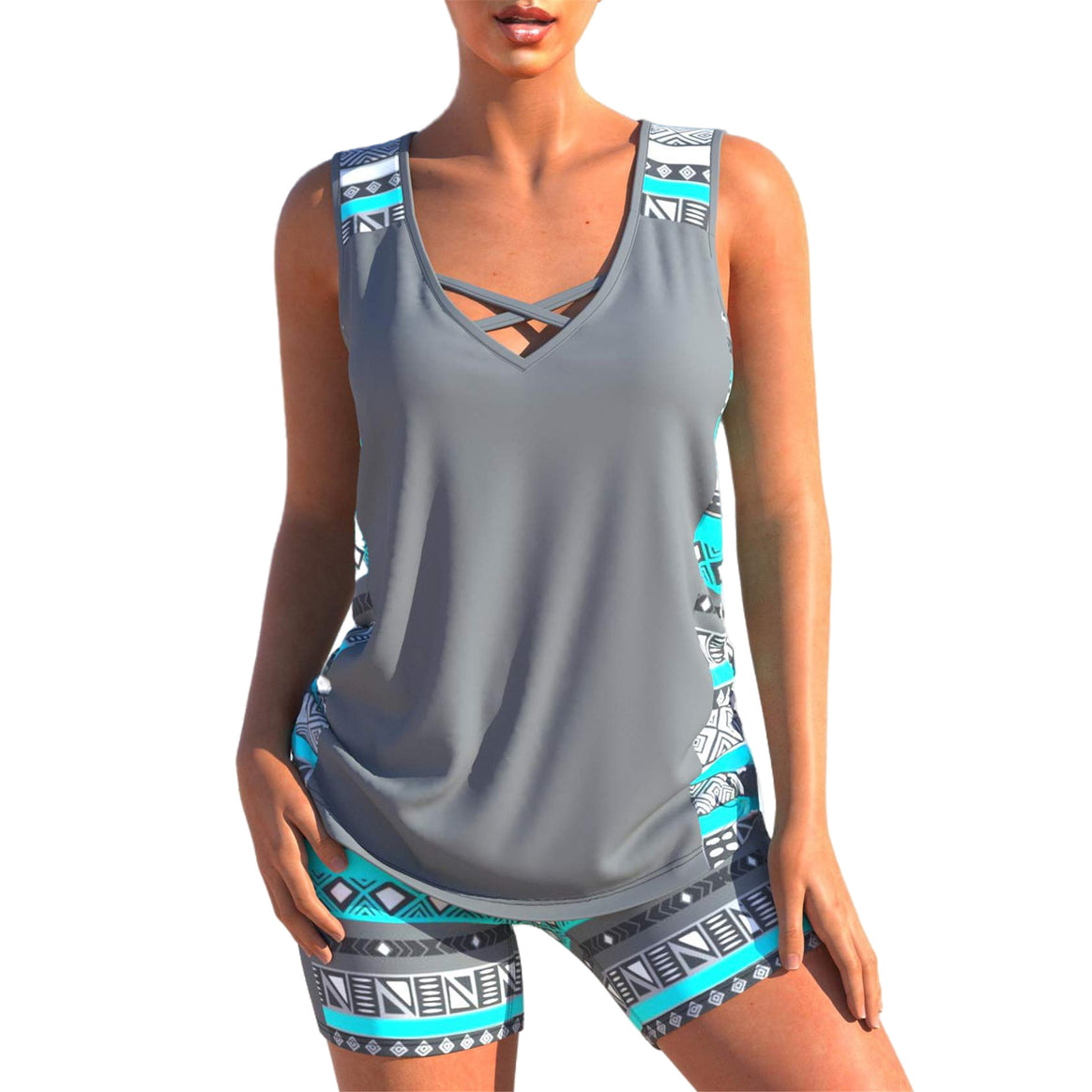 Women's sporty tankini two-piece with V-neck and crossed chest straps Mune Fashion