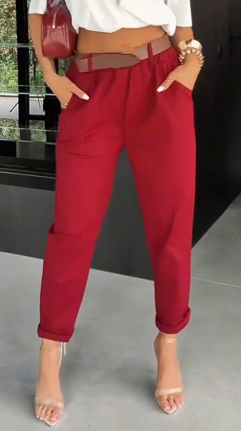 Women's high-waisted paperbag pants with gathered waistband, side pockets, and rolled hem Mune Fashion