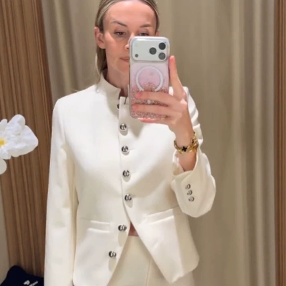 Women Tailored Blazer with Stand Collar and Silver Decorative Buttons Mune Fashion