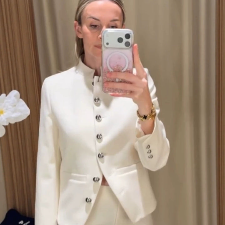 Women Tailored Blazer with Stand Collar and Silver Decorative Buttons Mune Fashion