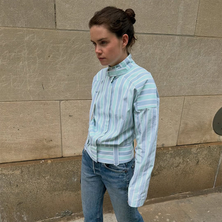 Women's Structured Blouse with Stand Collar, Waist Belt and Vertical Stripe Design Mune Fashion