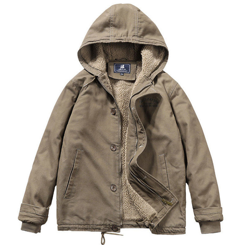 Men's Canvas Hoodie Parka with Continuous Teddy Fleece Lining and Drawstring Mune Fashion